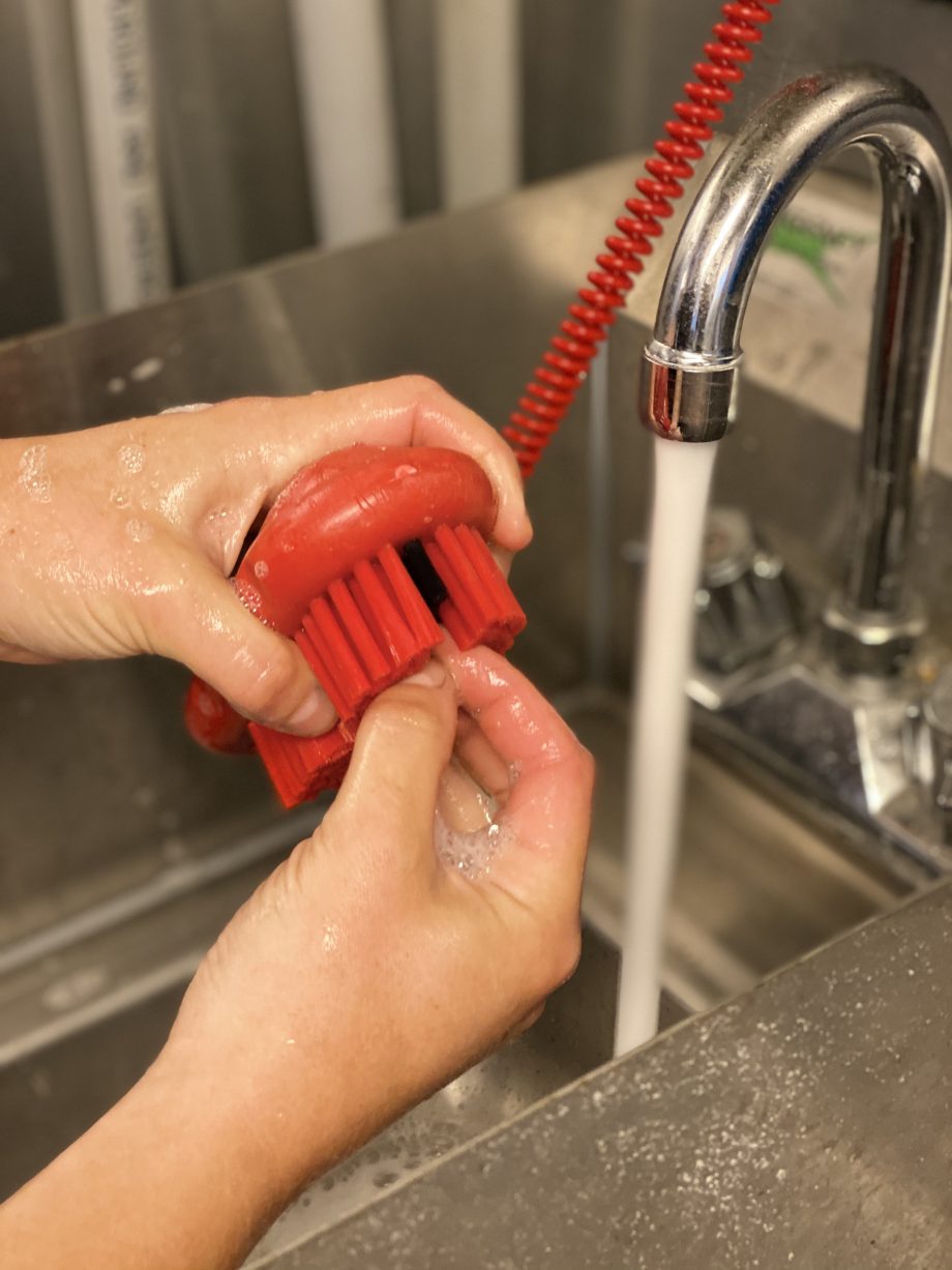 Hand and nail brush being used at a sink