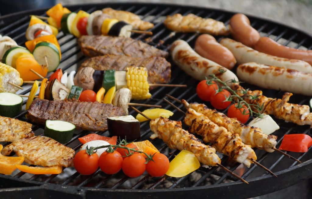 Meat and veggies on grill